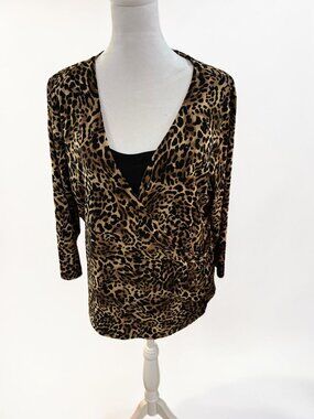 B-Slim Animal Print Top in Brown, Black and Beige Size XL 3/4 Sleeves V-Neck